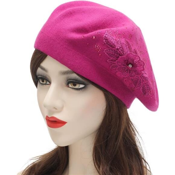 Womens French Beret hat Flower Medium Violet Red - Picture 2 of 6